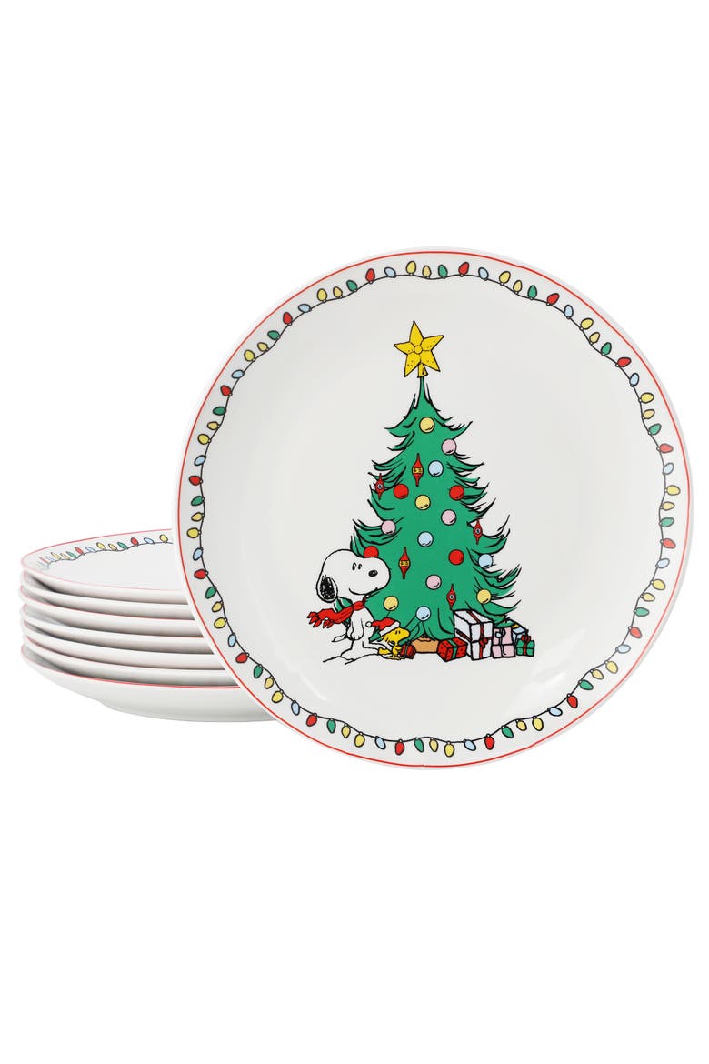 Xmas 8 Piece 10.5 Inch Round Stoneware Dinner Plate Set, Main, color, White