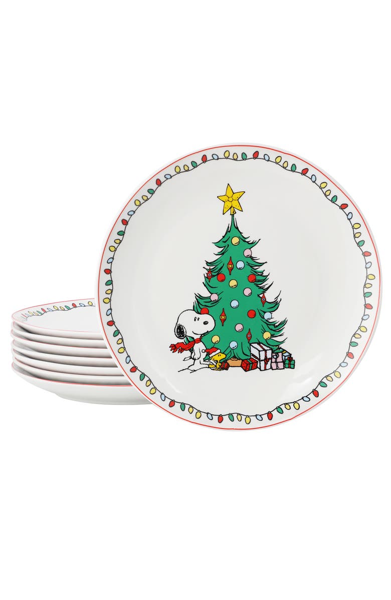 PEANUTS Xmas 8 Piece 10.5 Inch Round Stoneware Dinner Plate Set, Main, color, 