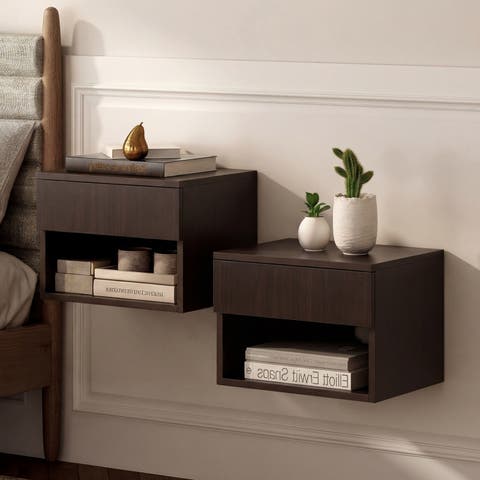 Ettore Mid-Century Modern Floating Wall Mounted Nightstand with Soft-Close Drawer and Cable Hole