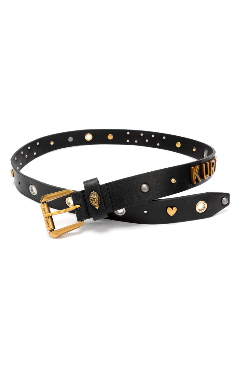 Kurt Geiger London Block Letter Leather Belt, Alternate, color, Black Antique Brass