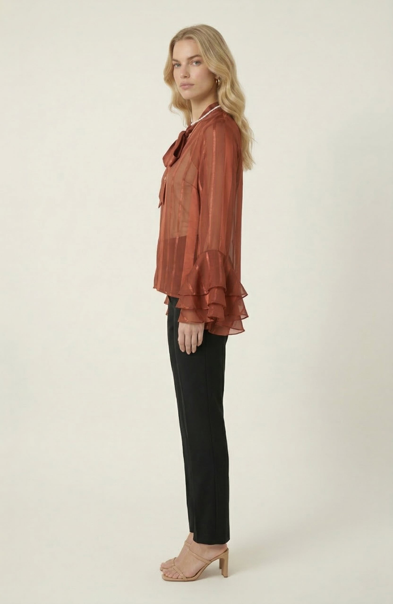 Modenaire Sheer Blouse with Tie Neck Detail and Bell Sleeves, Alternate, color, Burnt Orange
