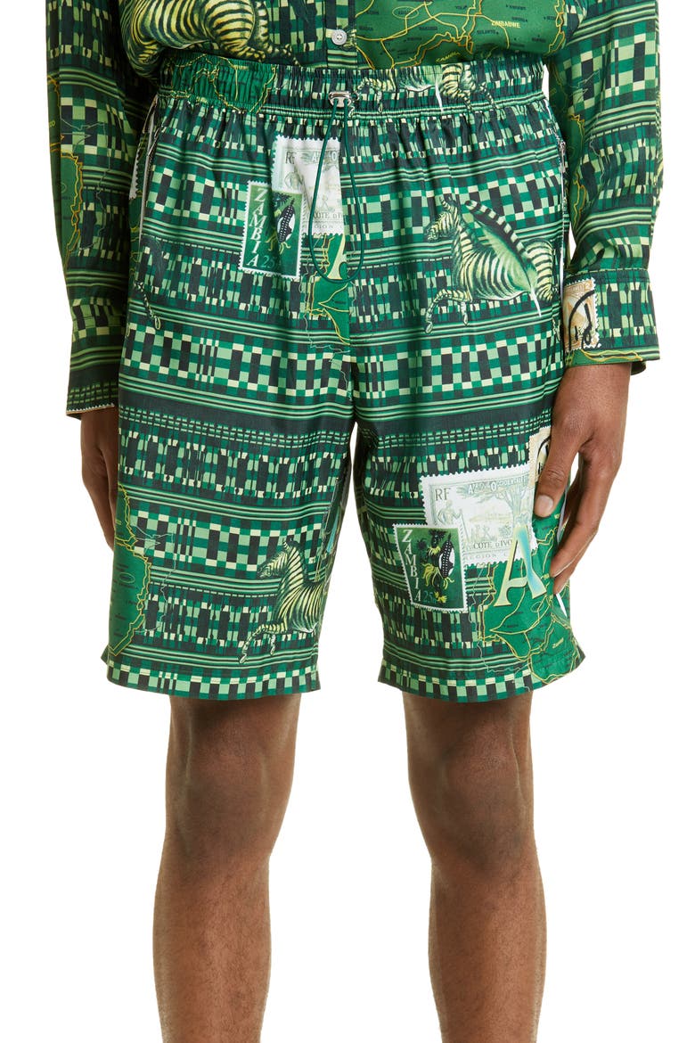 Buki Geo Map Print Recycled Polyester Swim Trunks, Main, color, GREEN
