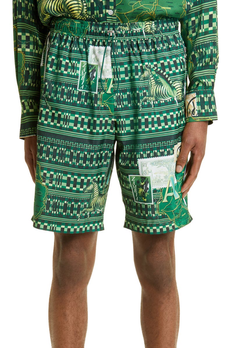 Ahluwalia Buki Geo Map Print Recycled Polyester Swim Trunks, Main, color,