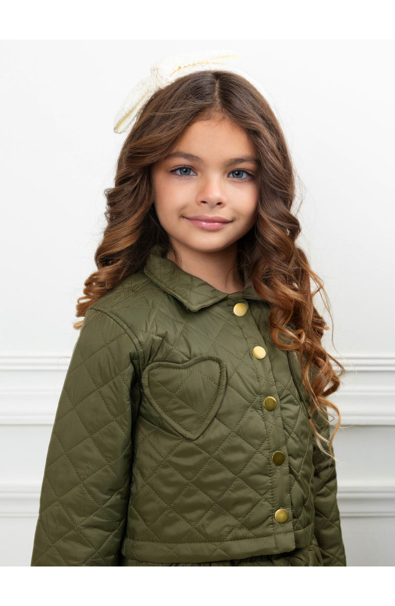 Mia Belle Girls Olive Heart  Quilted Jacket and Matching Skirt Set, Alternate, color, Green