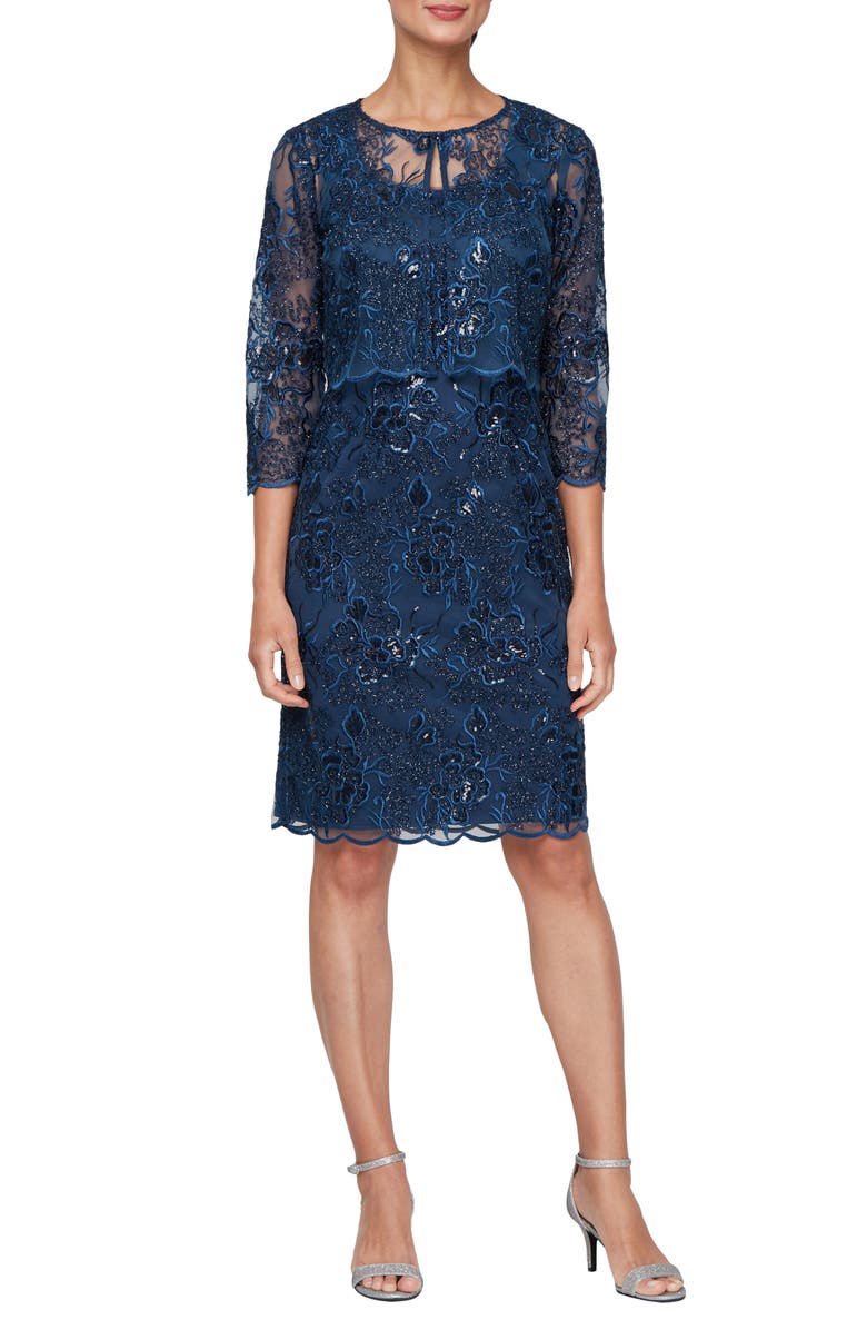 Alex Evenings Sequin Embroidered Floral Sleeveless Sheath Dress with Jacket, Main, color, Navy