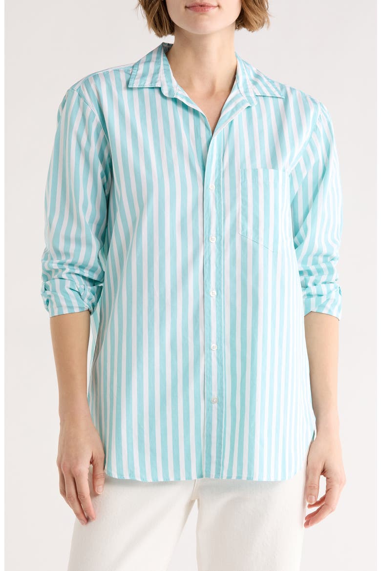 Boyfriend Cotton Button-Up Shirt, Main, color, WIDE JADE STRIPE