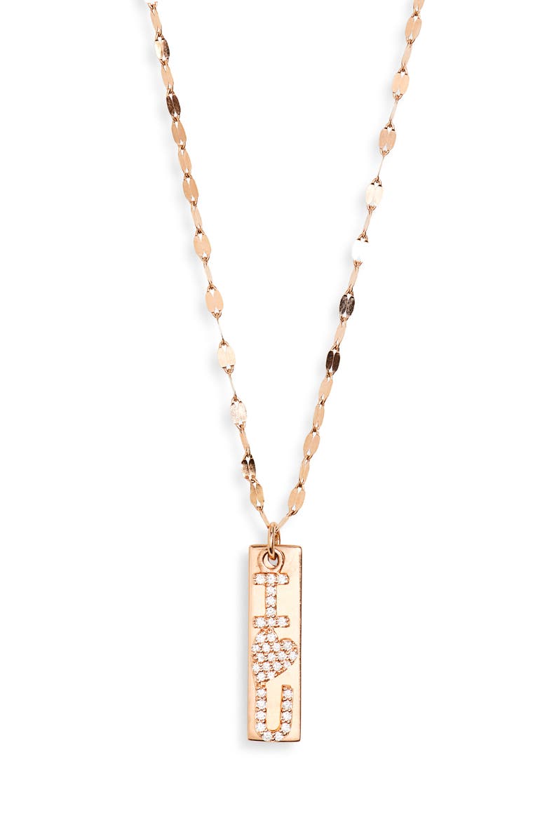 LANA 'I Heart U' 14K Rose Gold Diamond Tag Pendant Necklace, Main, color, Rose