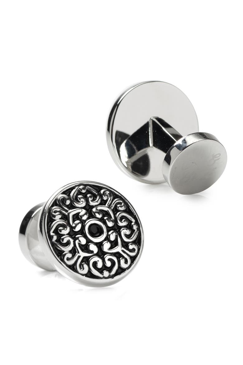 Filigree Round Cuff Links, Alternate, color, BLACK