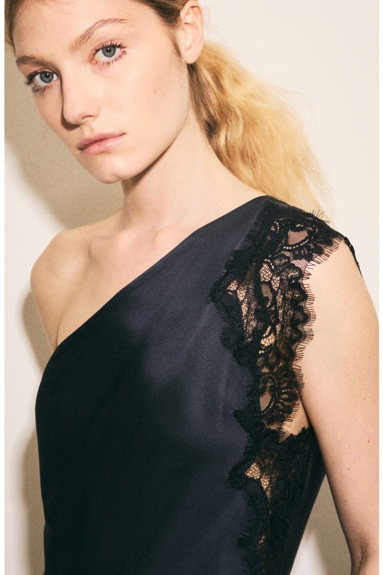 Lace One-Shoulder Satin Top, Alternate, color, BLUE