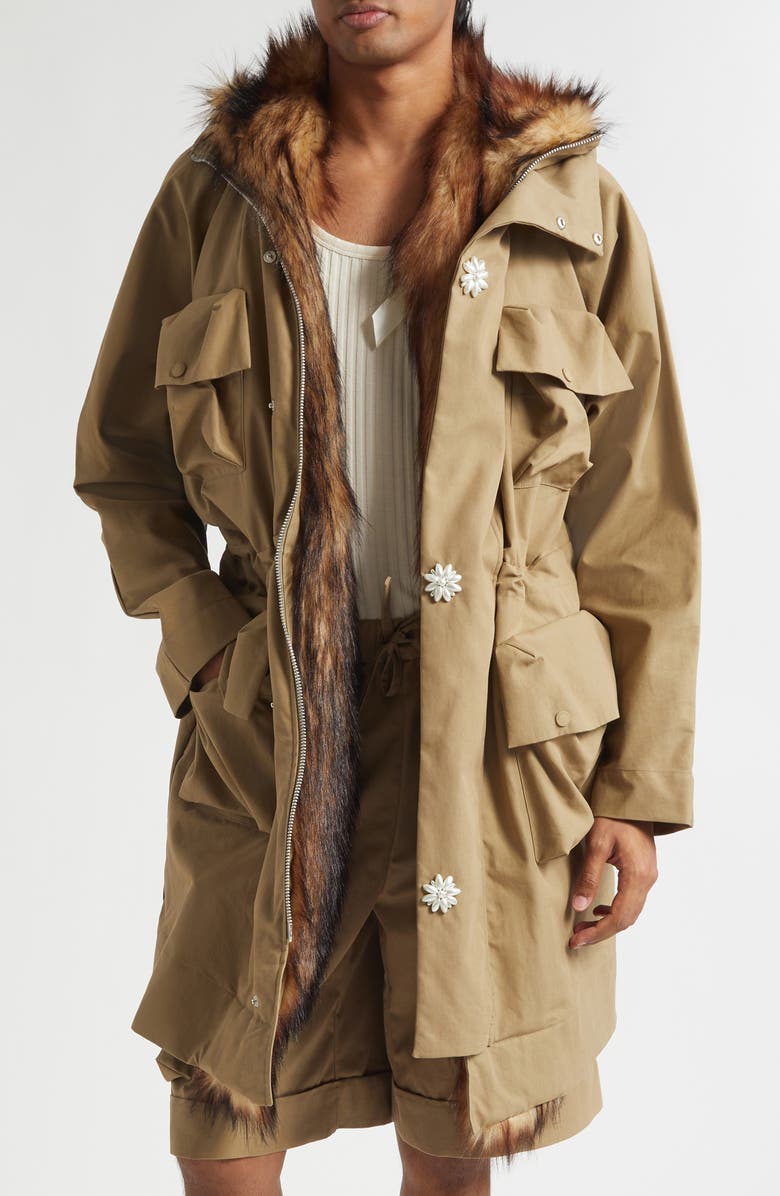 Simone Rocha Multi Pocket Faux Fur Lined Parka, Main, color, Stone/ Pearl