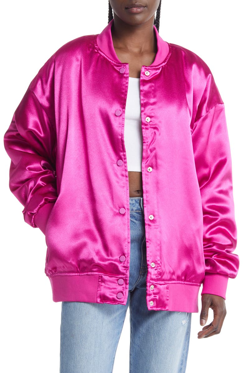AZALEA WANG Oversize Satin Bomber Jacket, Main, color, 