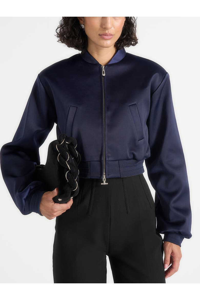 Monique Satin Wide Shoulder Bomber Jacket, Alternate, color, Navy