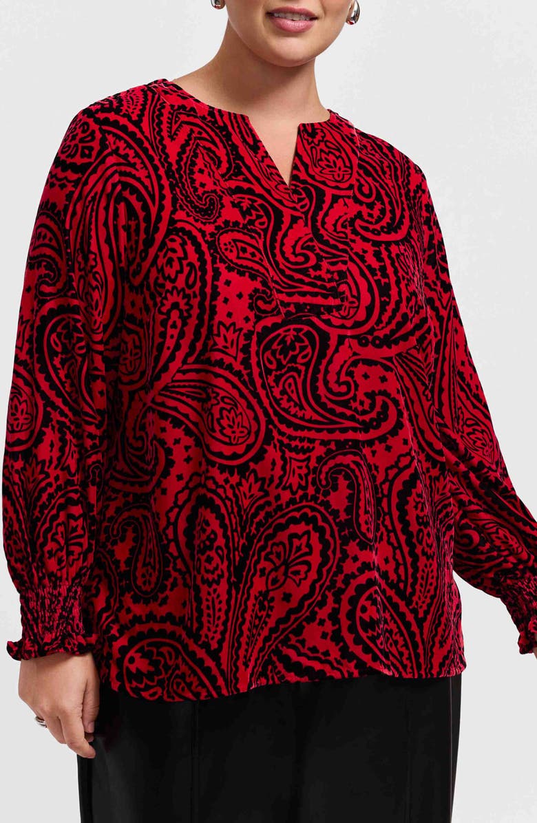 Foxcroft Alicia Velvet Paisley Popover Top, Alternate, color, Red/ Black