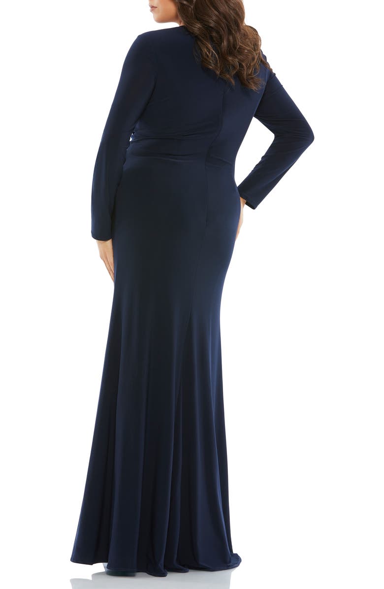 Mac Duggal Front Twist Long Sleeve V-Neck Gown, Alternate, color, Midnight
