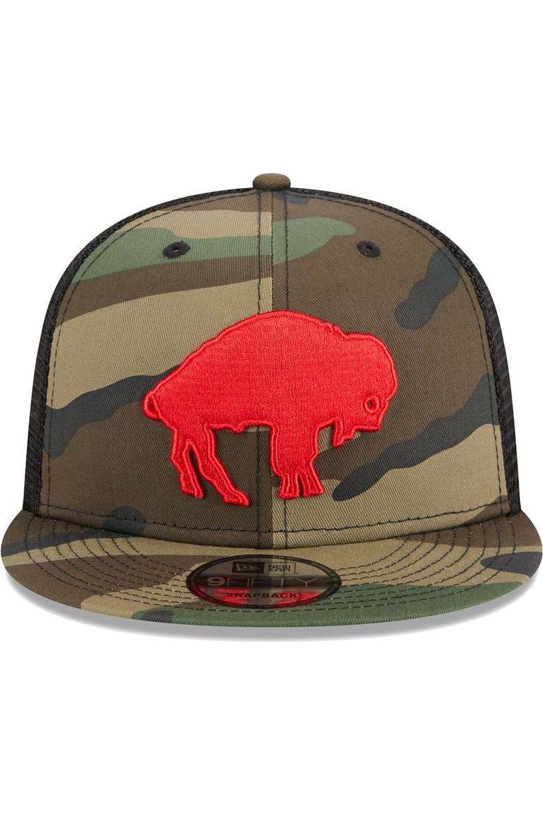 Men's New Era Camo Buffalo Bills Throwback Main Trucker 9FIFTY Snapback Hat, Alternate, color, Camo