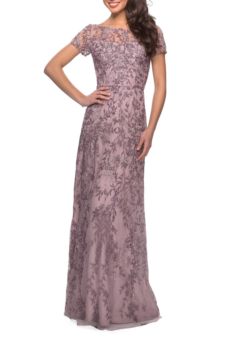 Lace Column Gown, Main, color, DUSTY LILAC