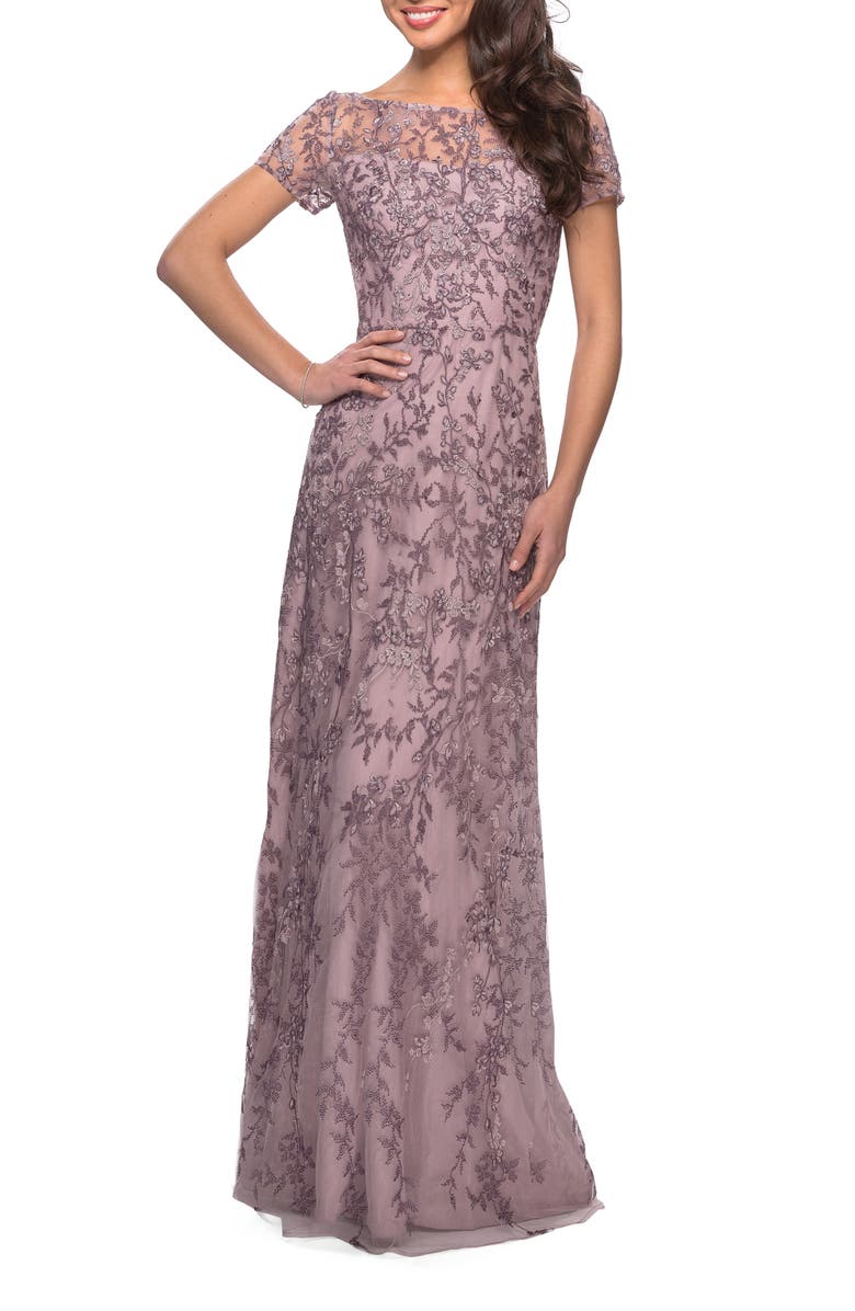 La Femme Lace Column Gown, Main, color,