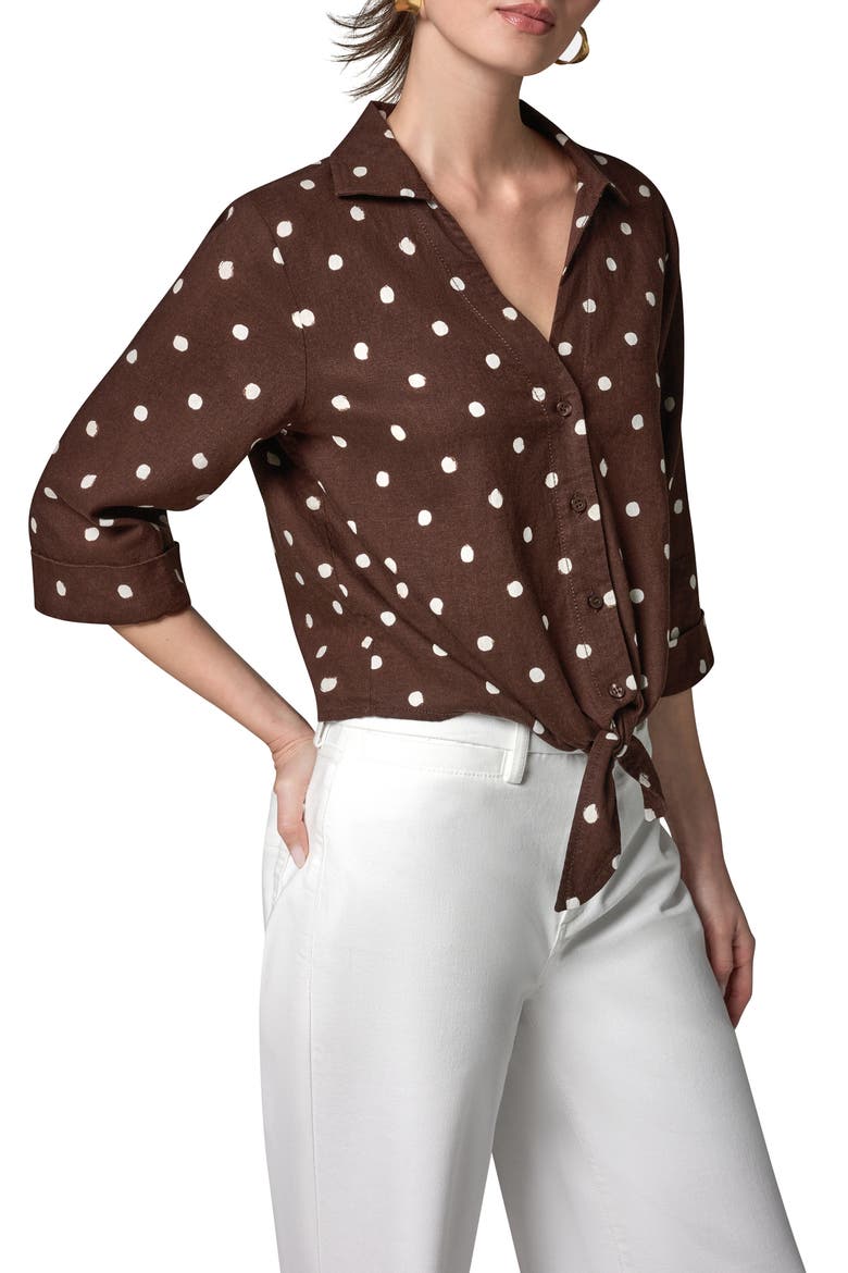 Polka Dot Linen Blend Tie Front Top, Alternate, color, CANYON DISTRESSED DOT