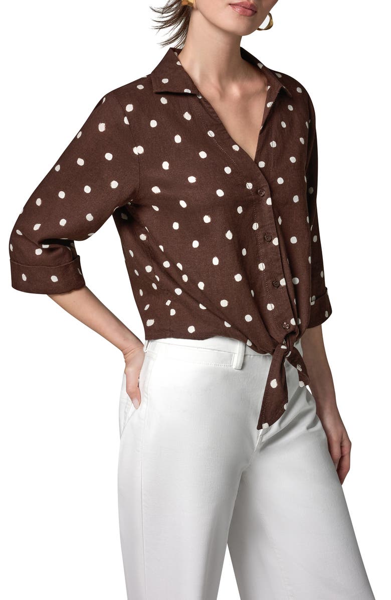 Donna Karan New York Polka Dot Linen Blend Tie Front Top, Alternate, color, Canyon Distressed Dot