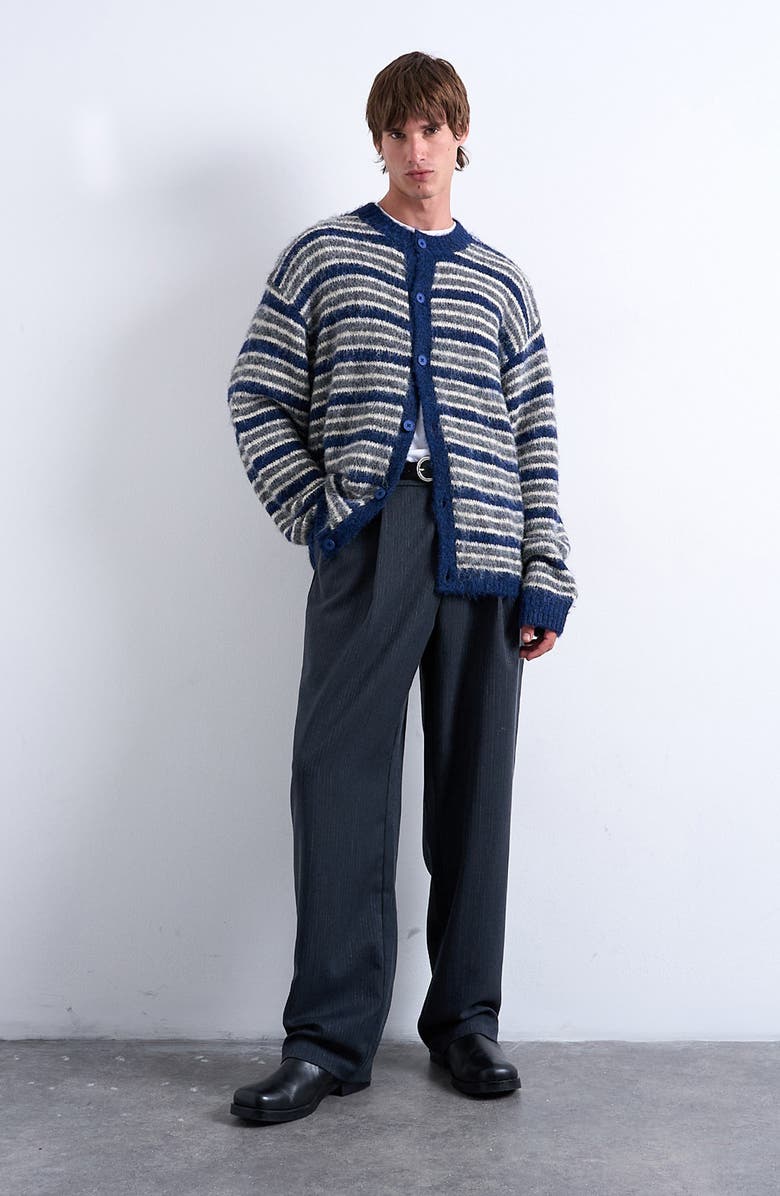 Topman Stripe Fluffy Crewneck Cardigan, Alternate, color, Medium Blue