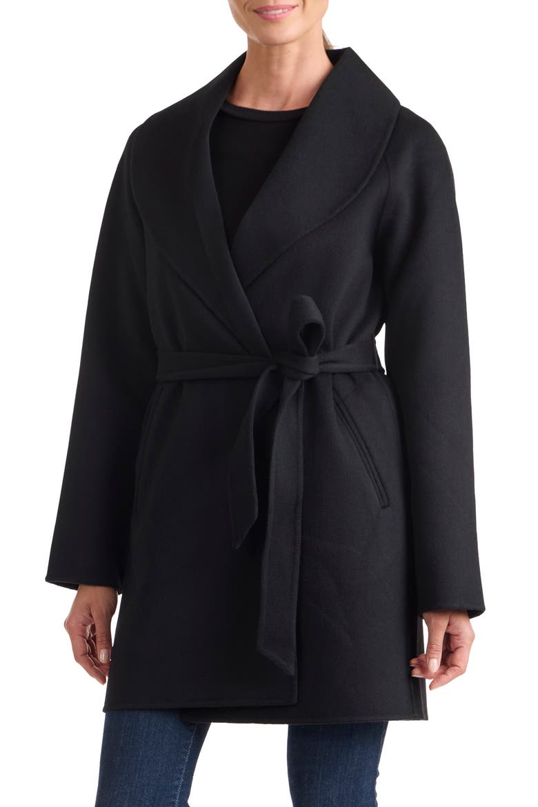 Double Face Wool Blend Wrap Coat, Main, color, BLACK