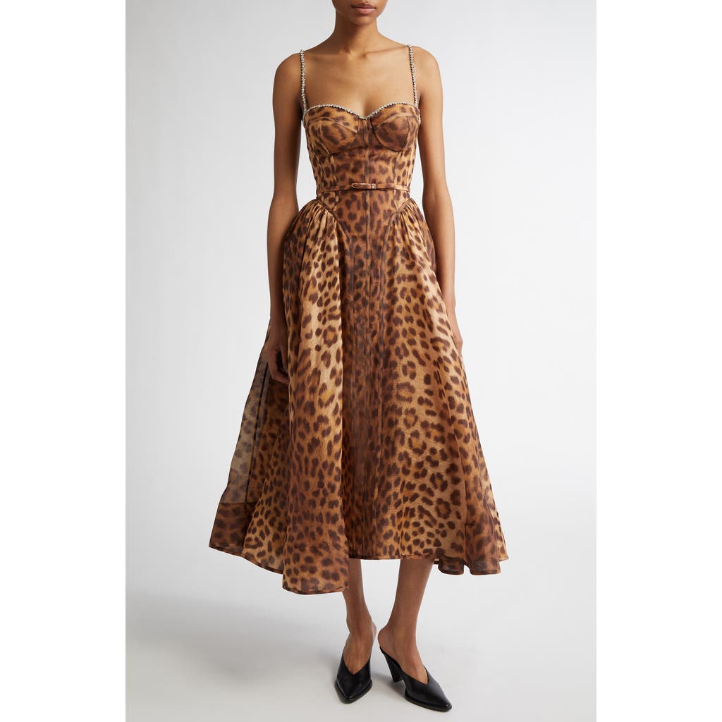 Shop Zimmermann Crystal Embellished Leopard Print Paneled Midi Dress