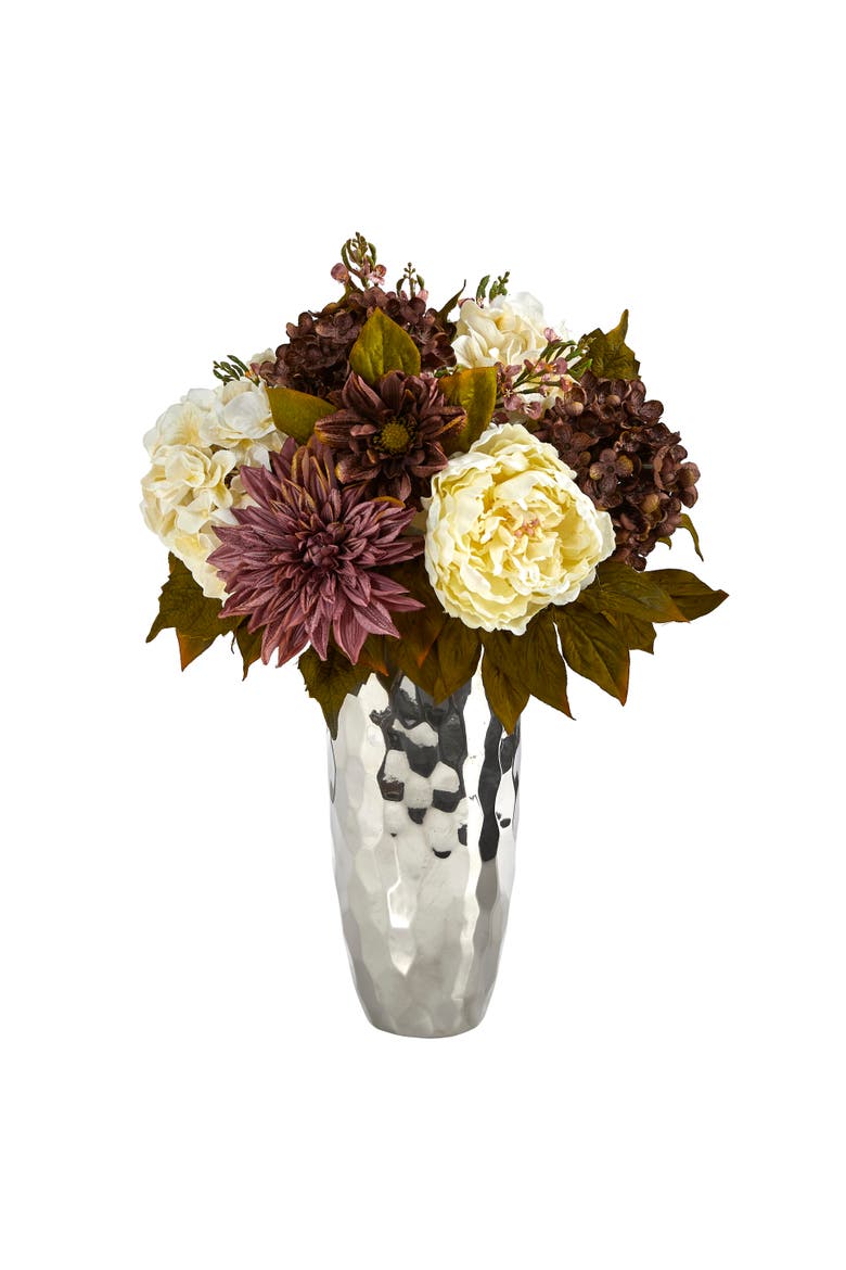 22-in Peony, Hydrangea and Dahlia Artificial Arrangement in Silver Vase, Main, color, Purple