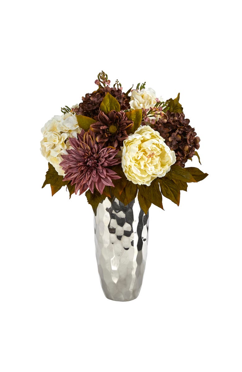 NEARLY NATURAL 22-in Peony, Hydrangea and Dahlia Artificial Arrangement in Silver Vase, Main, color, Purple
