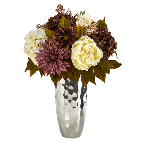 22-in Peony, Hydrangea and Dahlia Artificial Arrangement in Silver Vase