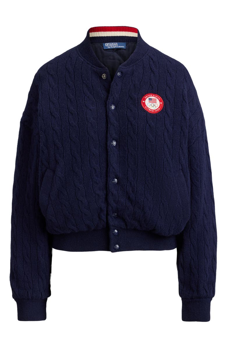 Polo Ralph Lauren Team USA Cable Stitch Wool & Cashmere Bomber Jacket, Alternate, color, Hunter Navy