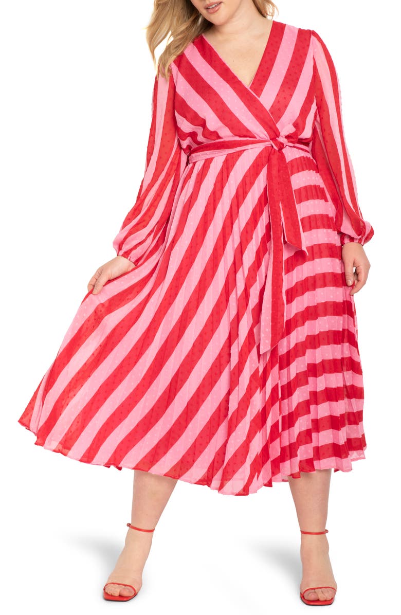 ELOQUII Stripe Long Sleeve Wrap Dress, Main, color, 