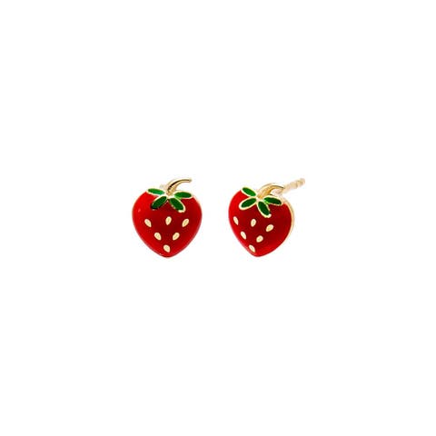 Kids Glossy Strawberry Stud Earrings 14K
