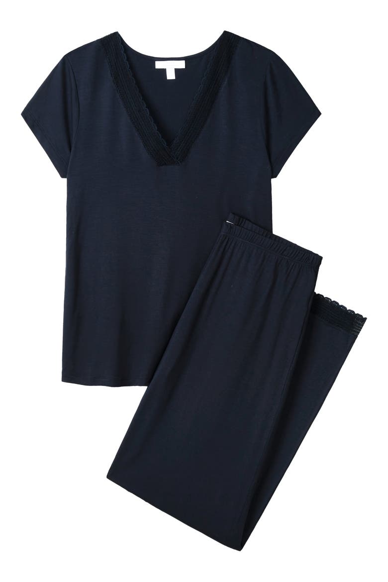 Lace Trim Knit Pajamas, Alternate, color, NAVY