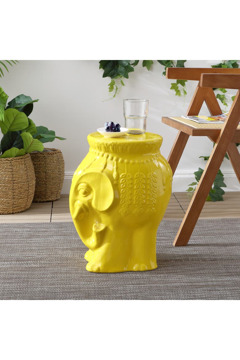 Orla Global Glazed Ceramic Elephant Garden Stool, Decorative Indoor Outdoor Accent Side Table & Plant Stand for Home & Patio, Alternate, color, Yellow