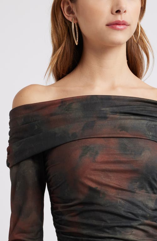 Open Edit Off The Shoulder Knit Top In Olive- Rust Mineralized Print