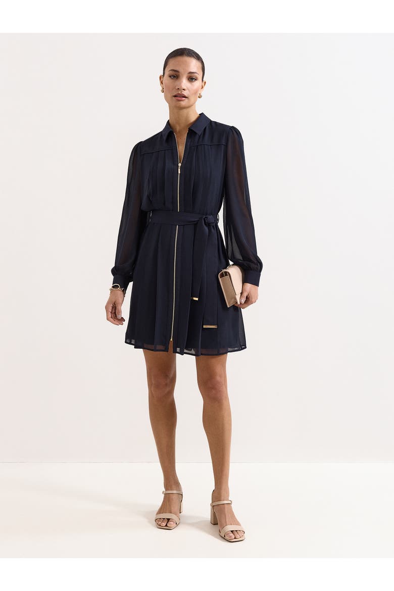 Pleated Zip Shirt Mini Dress, Alternate, color, Navy