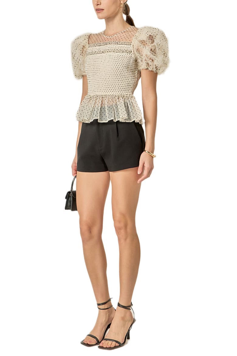 Dot Puff Sleeve Peplum Top, Alternate, color, WHITE/ BLACK