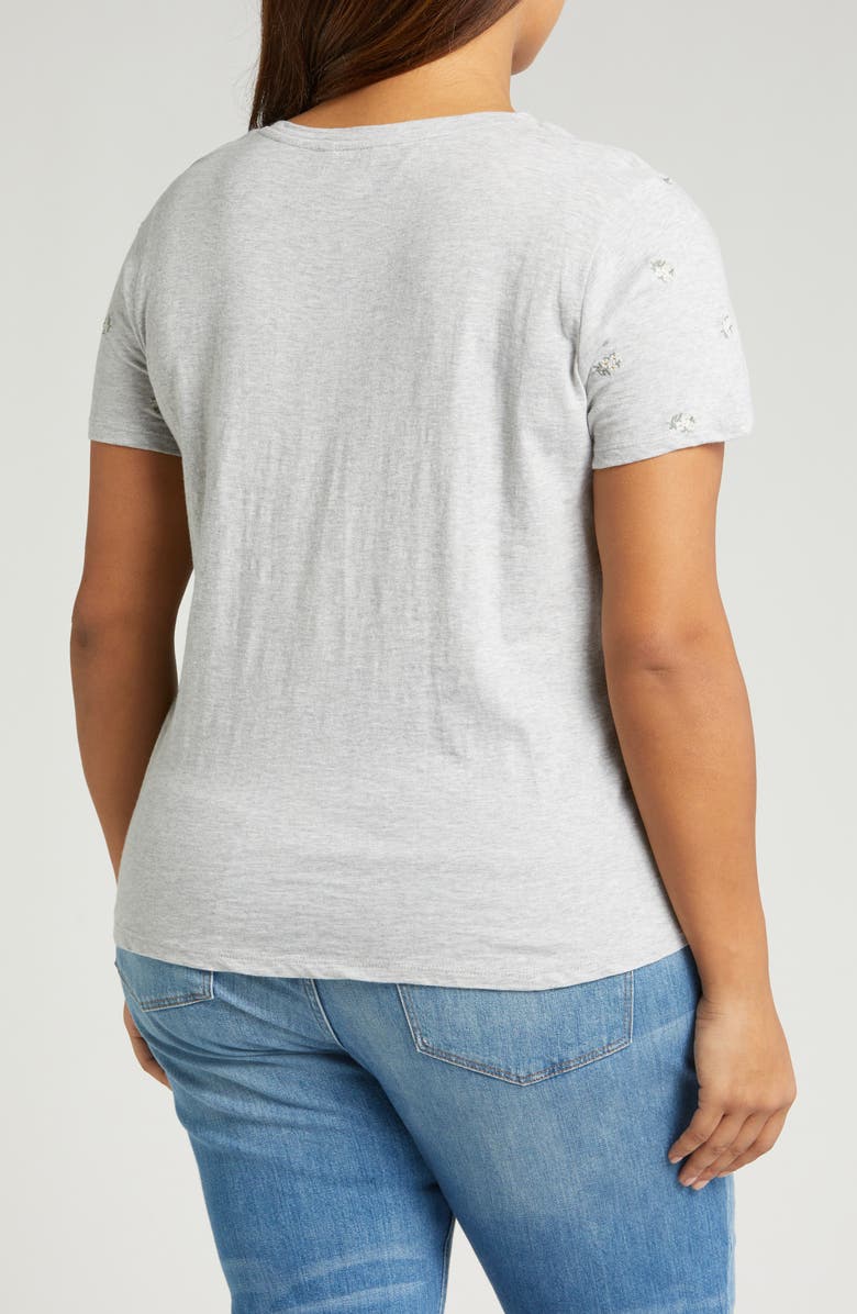 Lucky Brand V-Neck Bouquet Embroidered T-Shirt, Alternate, color, Heather Grey