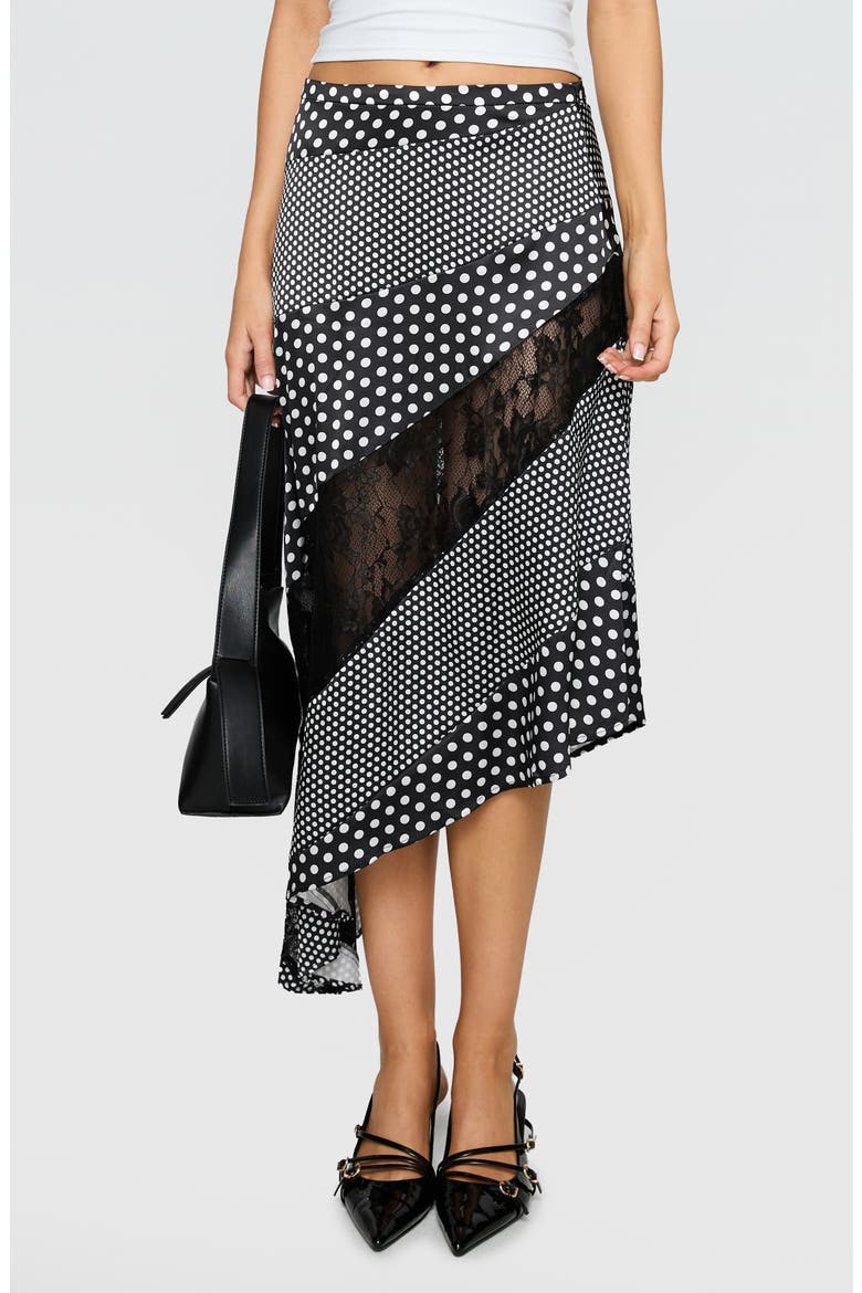 Midnight Memories Mixed Polka Dot & Lace Asymmetric Midi Skirt, Main, color, BLACK MULTI