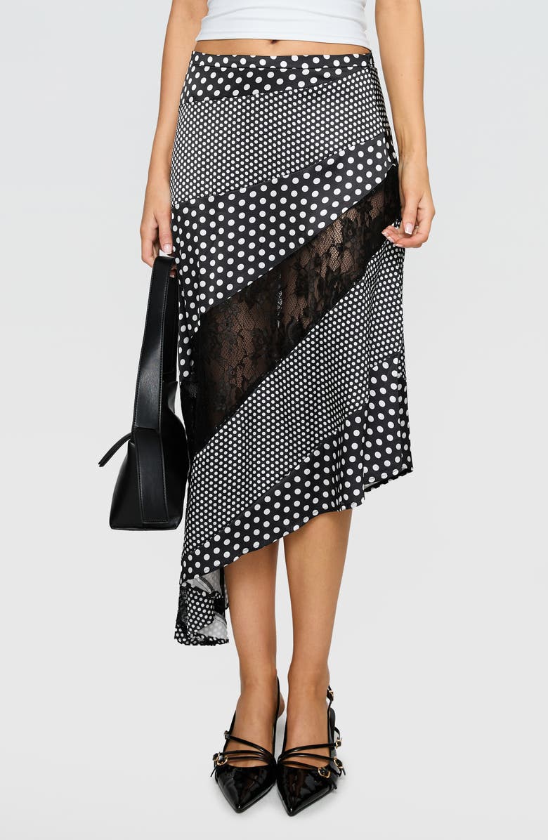Princess Polly Midnight Memories Mixed Polka Dot & Lace Asymmetric Midi Skirt, Main, color, Black Multi