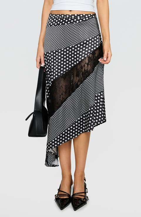 Midnight Memories Mixed Polka Dot & Lace Asymmetric Midi Skirt