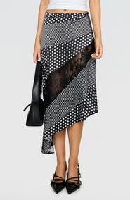 Princess Polly Midnight Memories Mixed Polka Dot & Lace Asymmetric Midi Skirt