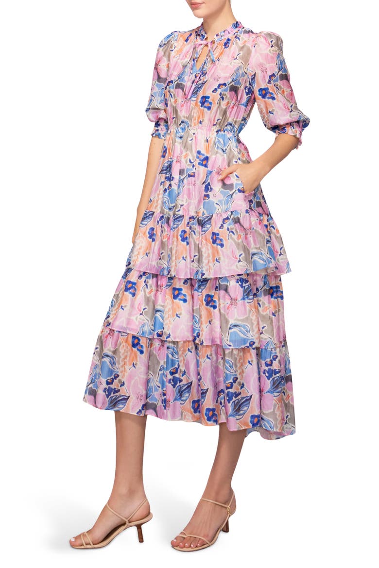 Printed Tiered Midi Dress, Alternate, color, PINK BLUE