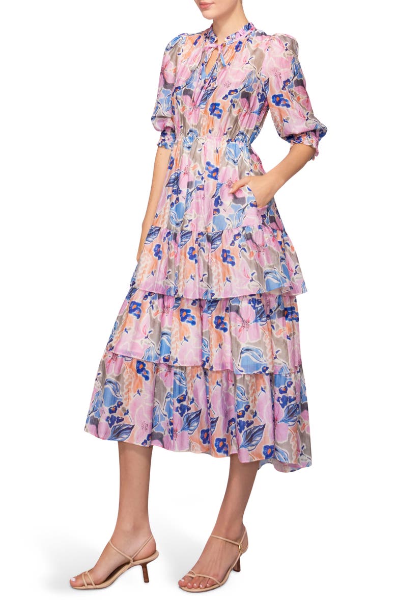 MELLODAY Printed Tiered Midi Dress, Alternate, color, Pink Blue