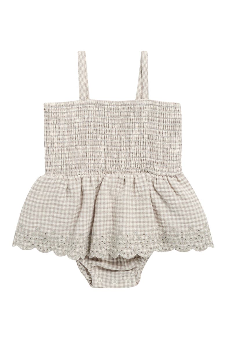 Gingham Eyelet Smocked Bodice Skirted Organic Cotton Bodysuit, Main, color, SAGE