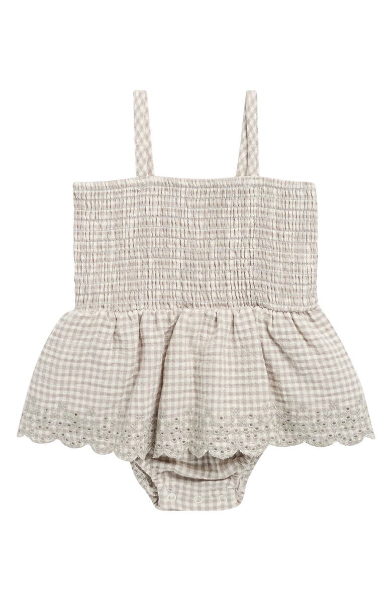 QUINCY MAE Gingham Eyelet Smocked Bodice Skirted Organic Cotton Bodysuit, Main, color, Sage