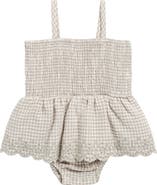 QUINCY MAE Gingham Eyelet Smocked Bodice Skirted Organic Cotton Bodysuit