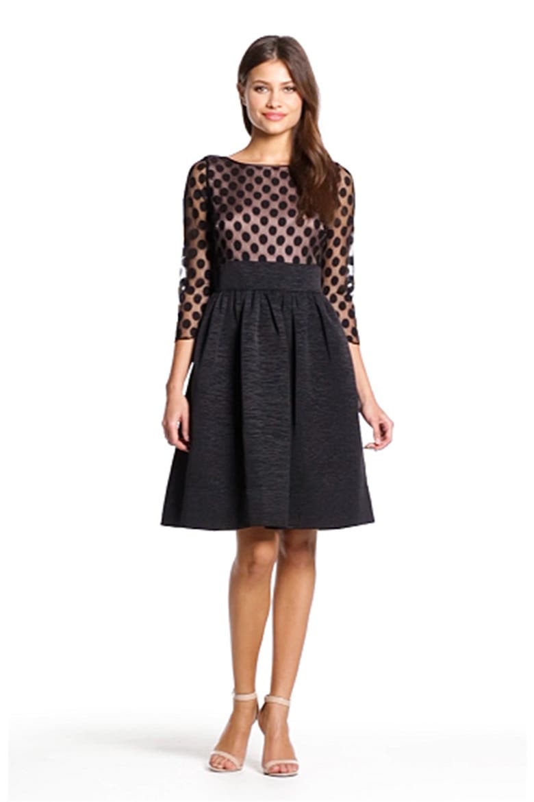 Dot Mesh Bodice Fit & Flare Dress, Alternate, color, BLACK