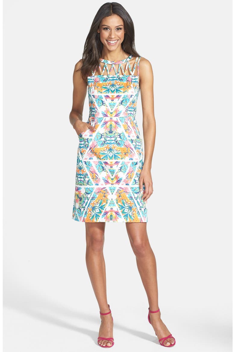 Caged Yoke Floral Print Sheath Dress, Alternate, color, IVORY MULTI