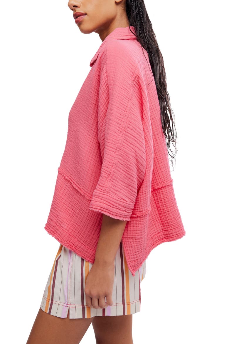 Happy Days Oversized Cotton Gauze Button-Up Top, Alternate, color, TART BERRY